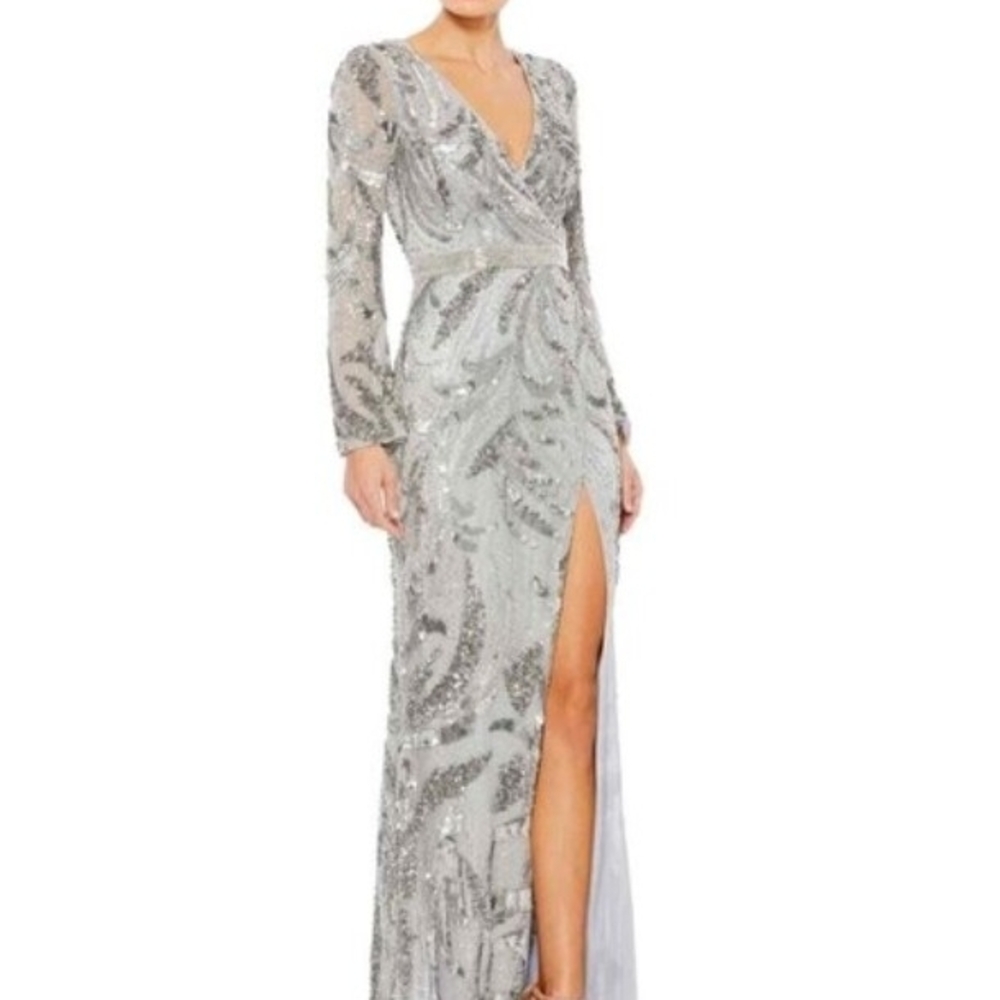 Mac Duggal Silver Sequin Long Sleeve V-Neck Gown with Thigh Slit